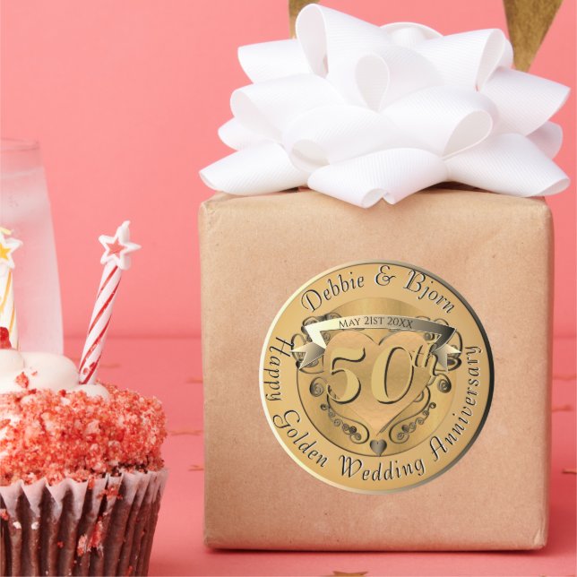 50th Wedding Anniversary Golden Medallion Coffee M Classic Round Sticker (Party)