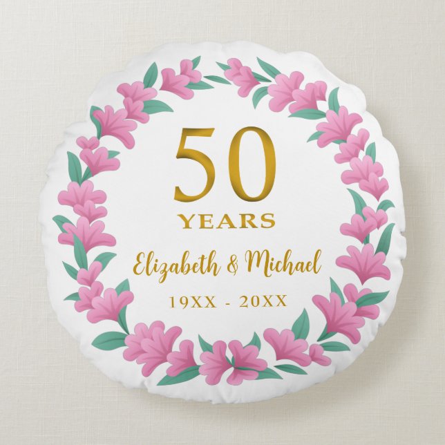 50th Wedding Anniversary Golden Pink Floral Wreath Round Cushion (Front)
