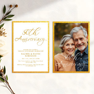 50th Wedding Anniversary Golden Script Photo Invitation