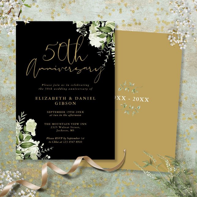 50th Wedding Anniversary Greenery Black And Gold Invitation (50th Wedding Anniversary Greenery Black And Gold Invitation)