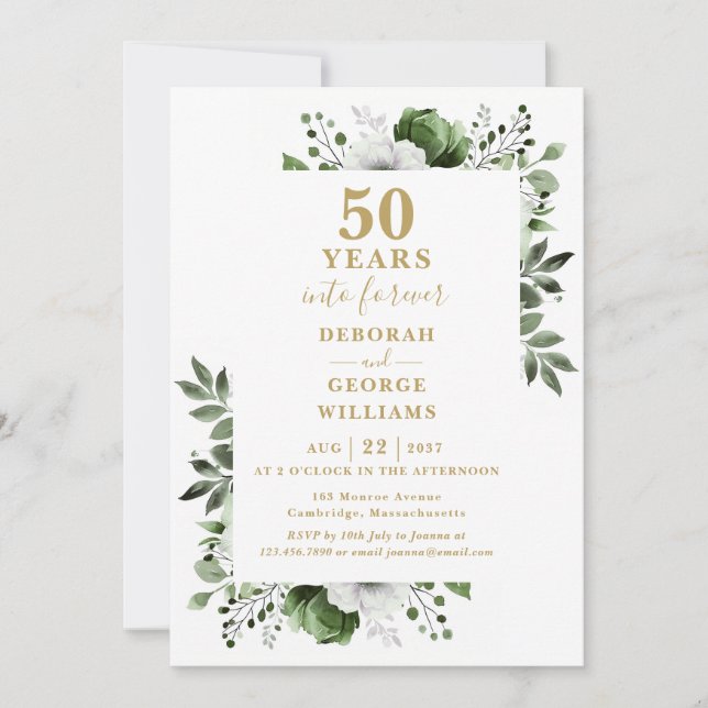50th Wedding Anniversary Greenery Floral Monogram Invitation (Front)