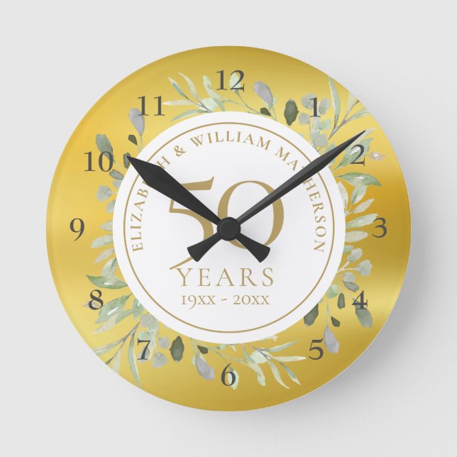 50th Wedding Anniversary Greenery Gold Foil Round Clock (Front)