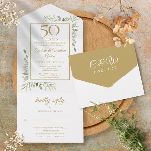 50th Wedding Anniversary Greenery Gold Monogram  All In One Invitation