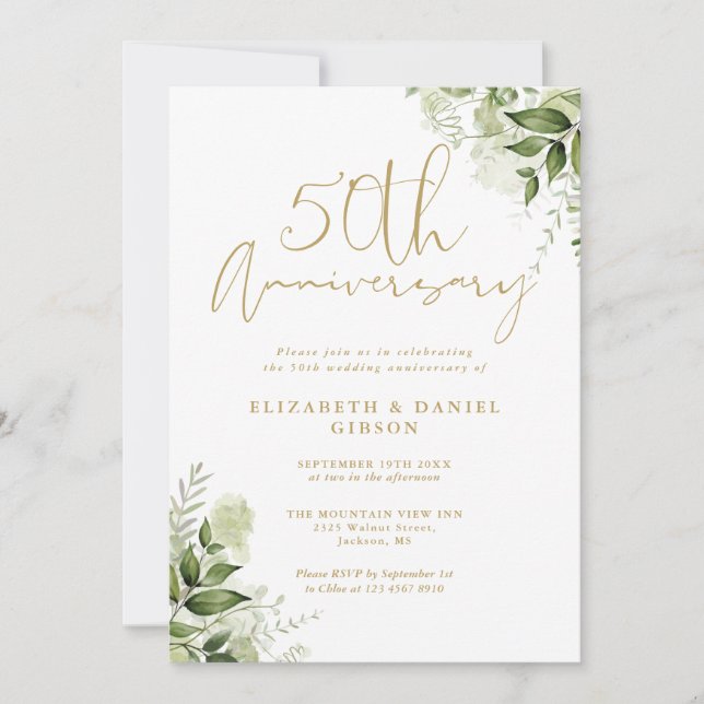50th Wedding Anniversary Greenery Gold Photo Invitation (Front)