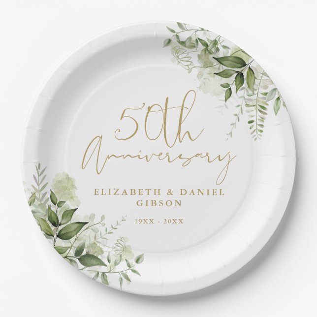 50th Wedding Anniversary Greenery Gold Script Paper Plate (Front)