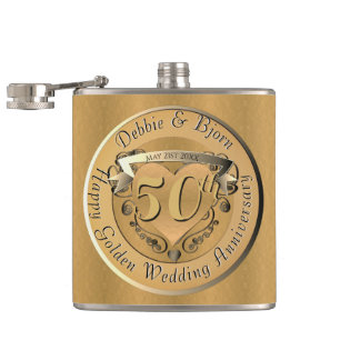 50th Wedding Anniversary Heart Emblem Golden Hip Flask