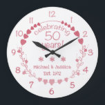 50th Wedding Anniversary Hearts Large Clock<br><div class="desc">Celebrate a milestone wedding anniversary with this gorgeous and elegant wall clock with a design featuring a wreath with red and pink hearts.</div>