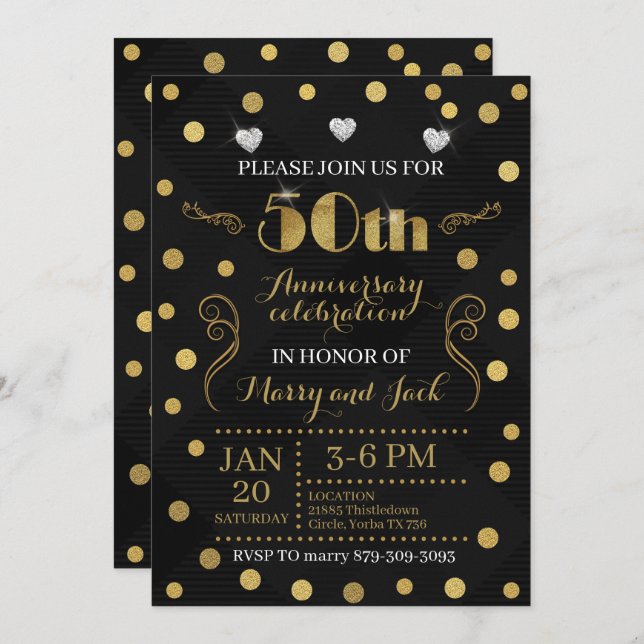 50th Wedding Anniversary Invitation - Black & Gold (Front/Back)