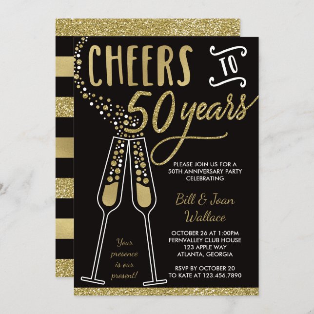 50th Wedding Anniversary Invitation, Faux Glitter Invitation (Front/Back)