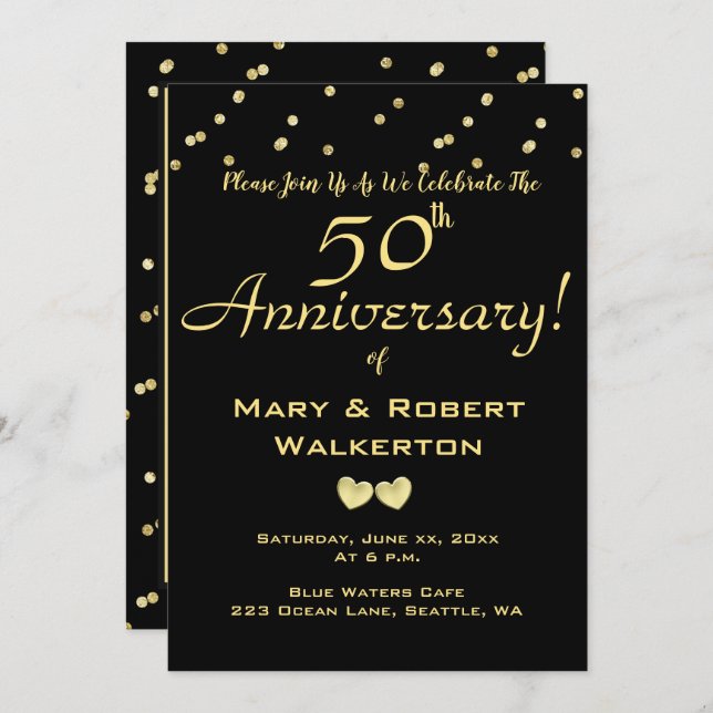 50th Wedding Anniversary Invitation -Golden Hearts (Front/Back)