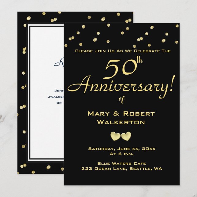 50th Wedding Anniversary Invitation -Golden Hearts (Front/Back)