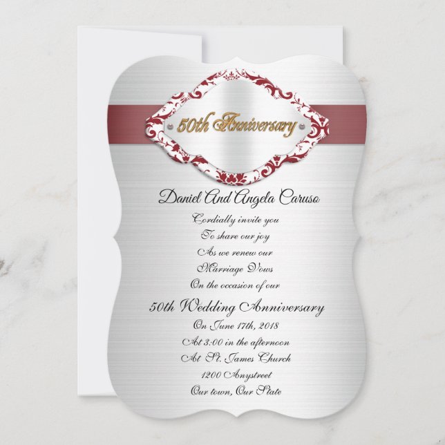 50th Wedding Anniversary Invitation red and white (Front)