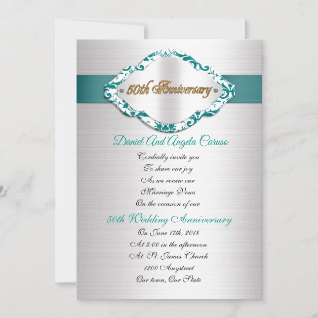 50th Wedding Anniversary Invitation teal satin (Front)