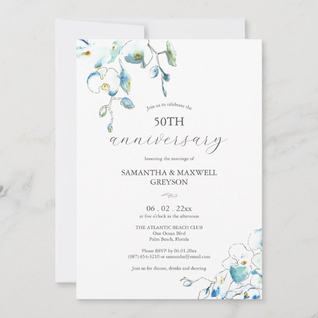 50th Wedding Anniversary Invitations Blue Flowers (Front)