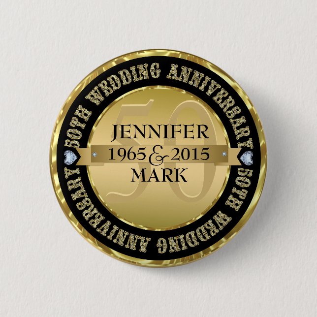 50Th Wedding Anniversary Metallic Gold & Black 2 6 Cm Round Badge (Front)
