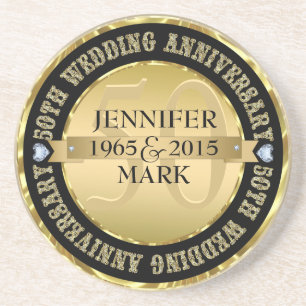 50Th Wedding Anniversary Metallic Gold & Black 2 Coaster