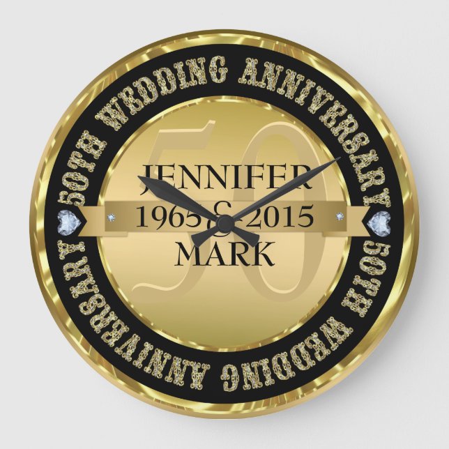 50Th Wedding Anniversary Metallic Gold & Black 2 Large Clock (Front)