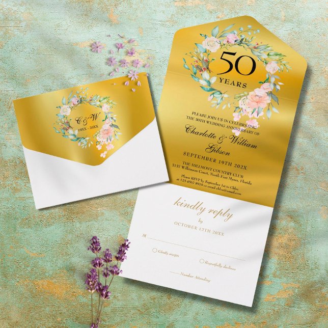 50th Wedding Anniversary Monogram Floral Gold All In One Invitation (Creator Uploaded)