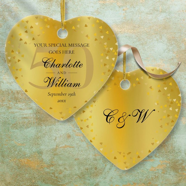 50th Wedding Anniversary Monogram Gold Hearts  Ceramic Tree Decoration (50th Wedding Anniversary Monogram Gold Hearts Ceramic Ornament)