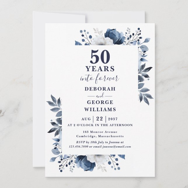 50th Wedding Anniversary Navy Blue Floral Monogram Invitation (Front)