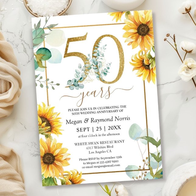 50th Wedding Anniversary Party Elegant Sunflowers  Invitation (Creator Uploaded)