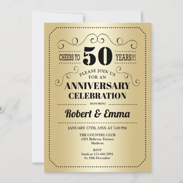 50th Wedding Anniversary Party - Gold Black Invitation (Front)