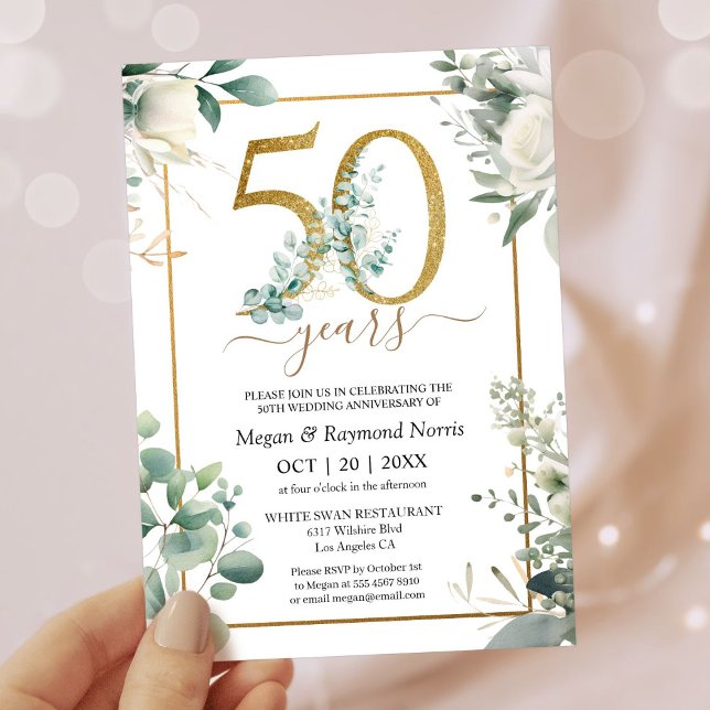 50th Wedding Anniversary Party Gold Greenery Party Invitation (Creator Uploaded)