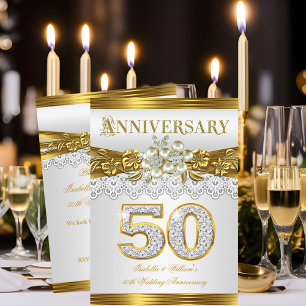 50th Wedding Anniversary Party Gold White Pearl Invitation
