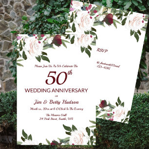 50th Wedding Anniversary Party White Roses Invitation