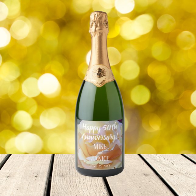 50th Wedding Anniversary Pastel Rose Floral Sparkling Wine Label (In Situ Table)