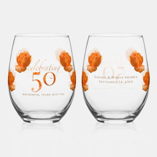 50th wedding anniversary peach roses name gift stemless wine glass