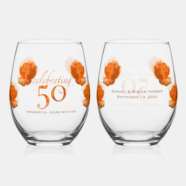 50th wedding anniversary peach roses name gift stemless wine glass (Front)