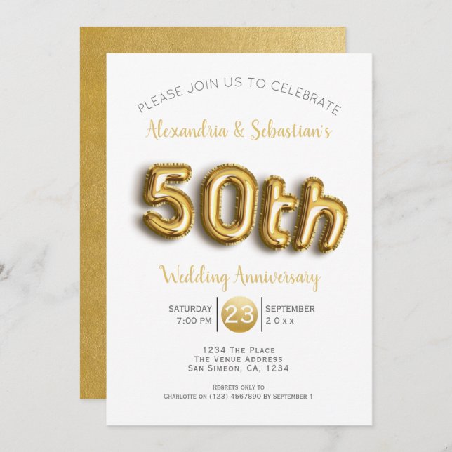 50th Wedding Anniversary Personalised Faux Gold Invitation (Front/Back)