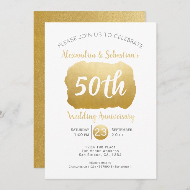 50th Wedding Anniversary Personalised Faux Gold Invitation (Front/Back)