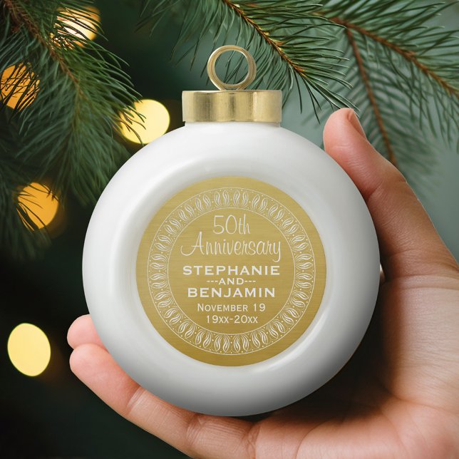 50th Wedding Anniversary Personalised gold Ceramic Ball Christmas Ornament (Personalized Wedding Anniversary Ornament)