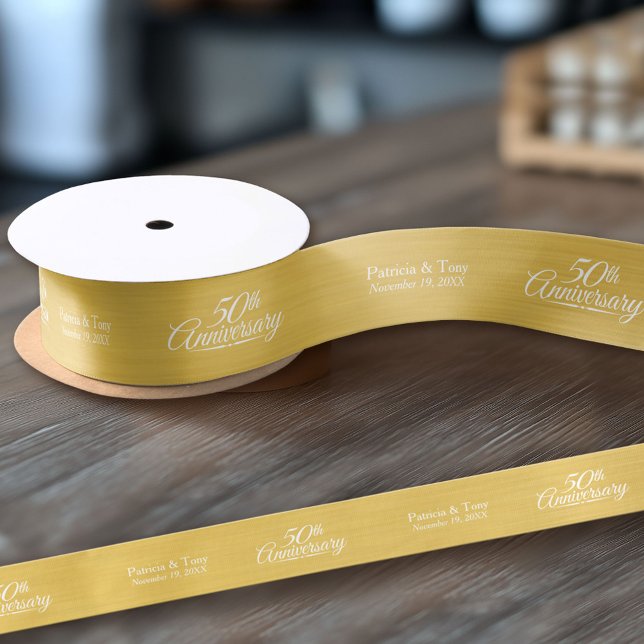 50th Wedding Anniversary Personalised Golden Satin Ribbon (Custom Wedding Anniversary Ribbon)