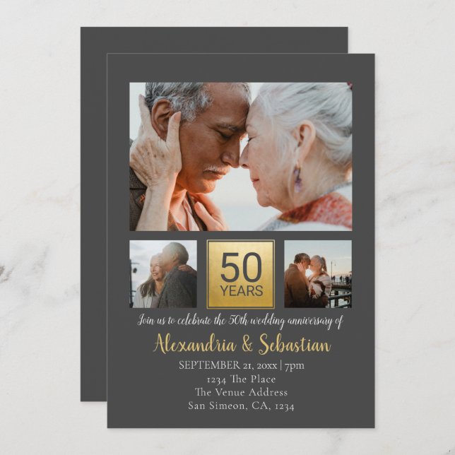 50th Wedding Anniversary Personalised Grey Gold Invitation (Front/Back)