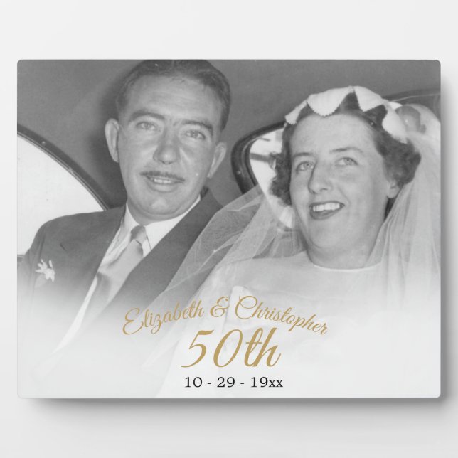 50th Wedding Anniversary Photo Black Gold Elegant Plaque (Front)