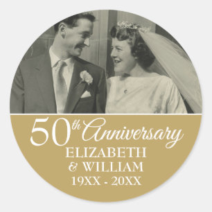 50th Wedding Anniversary Photo Elegant Golden Classic Round Sticker