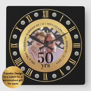 50th Wedding Anniversary PHOTO Gift Golden Jubilee Square Wall Clock