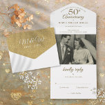 50th Wedding Anniversary Photo Monogram All In One Invitation<br><div class="desc">All in one 50th golden wedding anniversary invitation featuring a special photo and event details set in elegant typography. The invitation includes a perforated RSVP card that’s can be individually addressed or left blank for you to handwrite your guest's address details and chic monogram initial on a gold hearts pattern...</div>