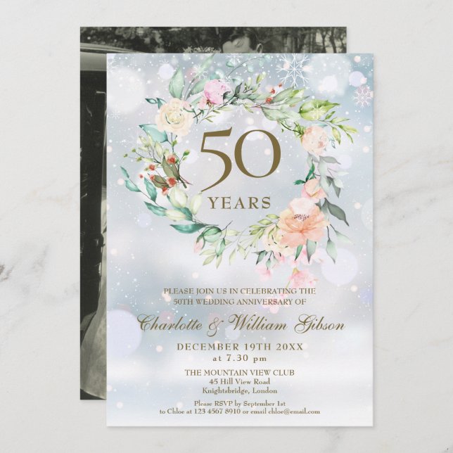 50th Wedding Anniversary Photo Winter Floral  Invitation (Front/Back)