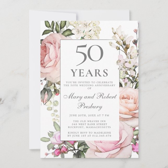 50th Wedding Anniversary Pink Rose Floral Invitation (Front)