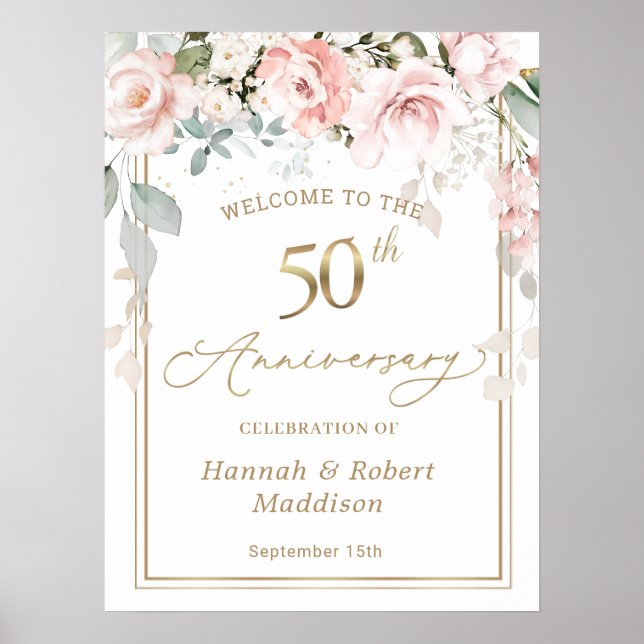 50th Wedding Anniversary Pink Roses Foliage Poster (Front)