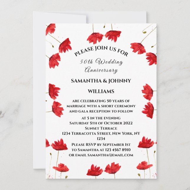 50th Wedding Anniversary Poppies Floral Rustic Invitation (Front)