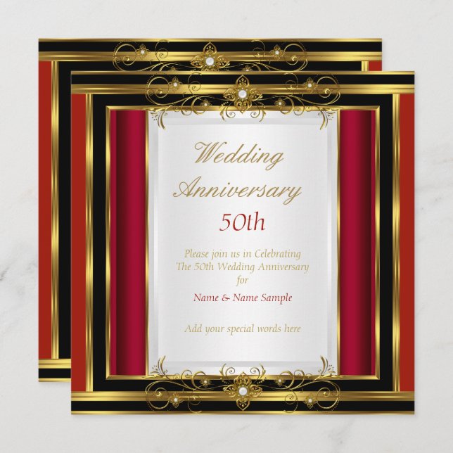 50th Wedding Anniversary Red Gold Black White Invitation (Front/Back)