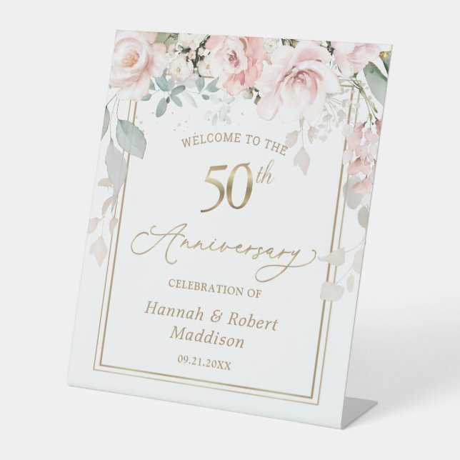 50th Wedding Anniversary Roses Foliage Pedestal Sign (Front)