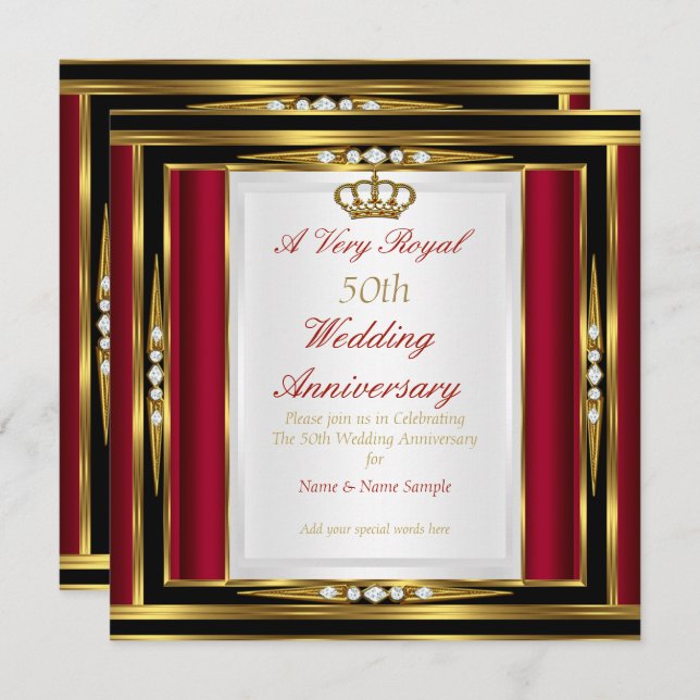 50th Wedding Anniversary Royal Red Gold Crown Invitation (Front/Back)