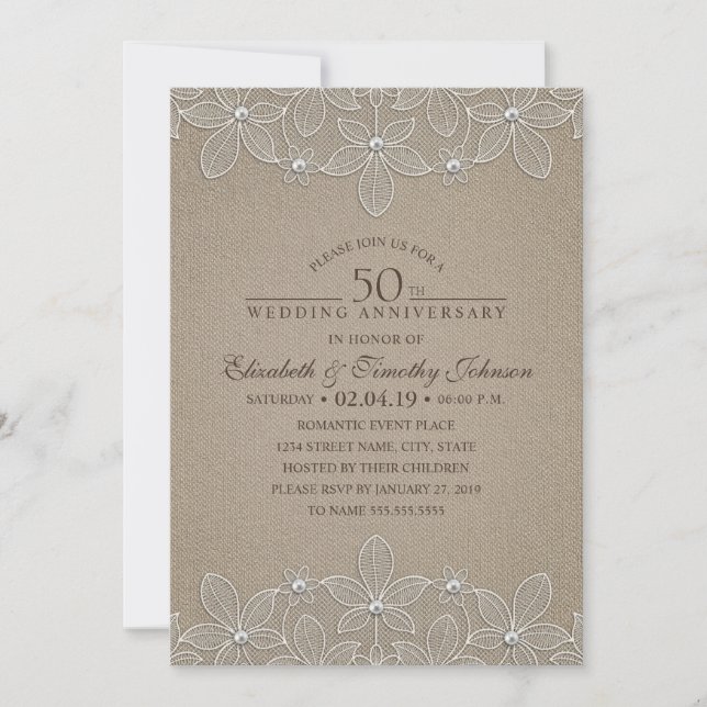 50th Wedding Anniversary Rustic Burlap and Lace Invitation (Front)