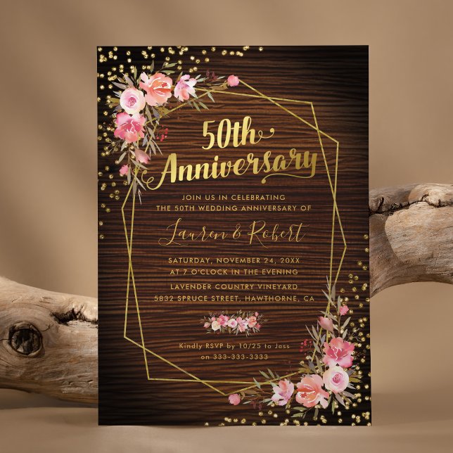 50th Wedding Anniversary Rustic Gold Pink Floral Invitation (Creator Uploaded)